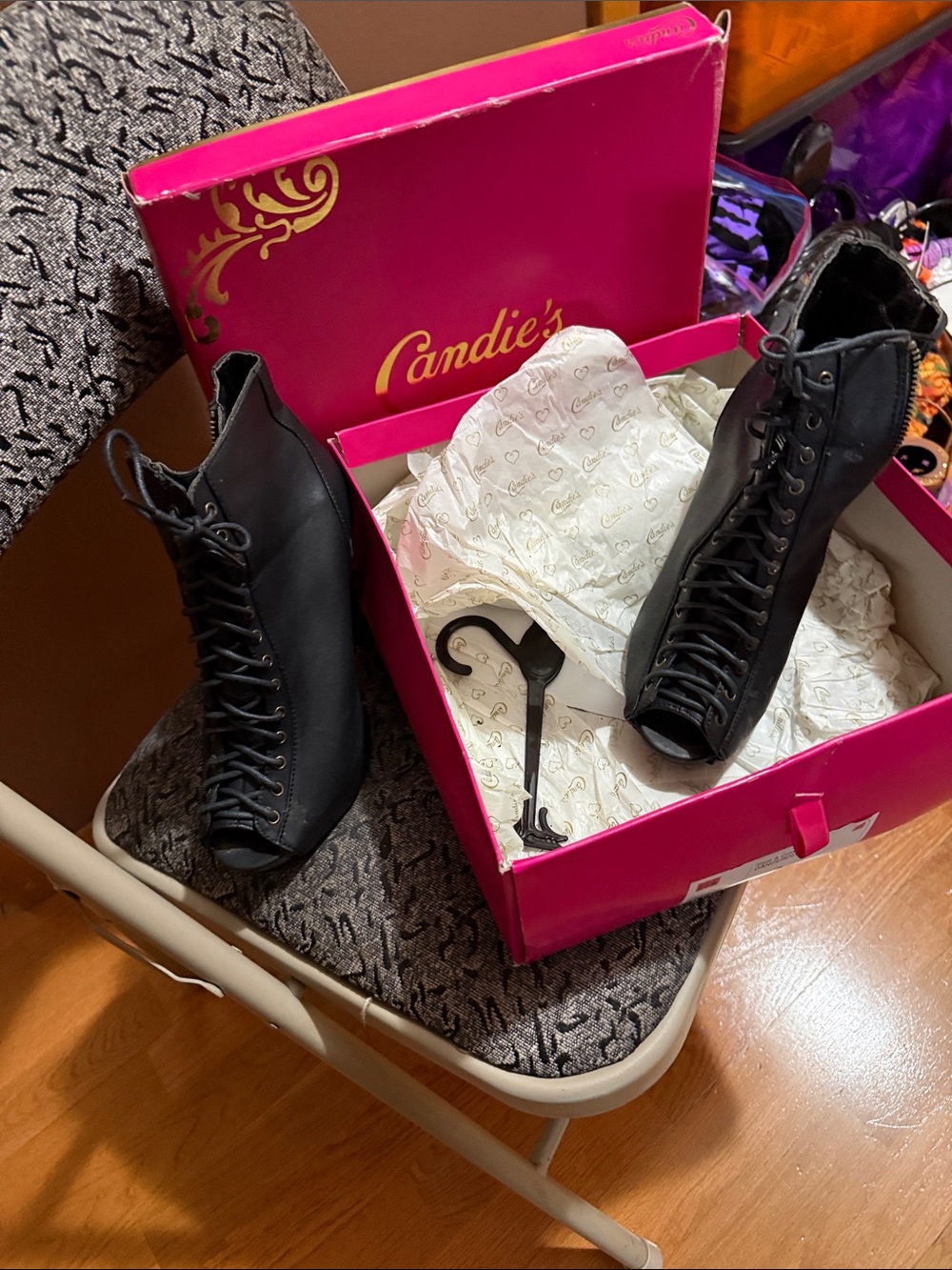 Candie's Black Lace-Up Peep-Toe Ankle Boots